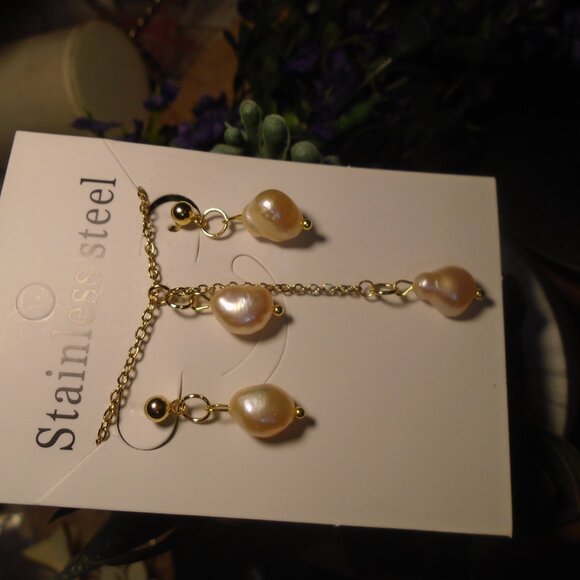 NWOT Double pearl dangle necklace & earring set real freshwater pearl Great Gift - Picture 4 of 5